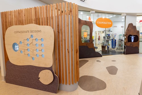 A "Compassionate Decisions" display outside the Australian Wildlife Health Centre's Examination room.