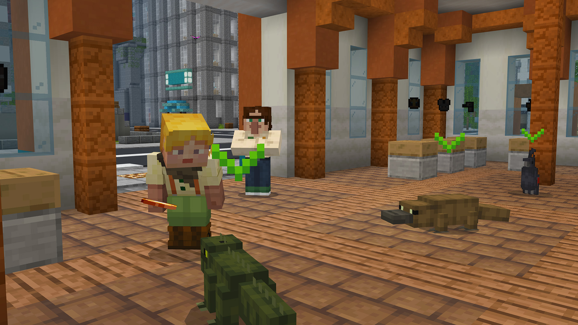 A recreation of a museum space, with two people, a Crocodile, a Bird and a Platypus, created in the game Minecraft.