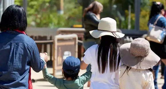 A family of four people holding hands, facing away from the camera,