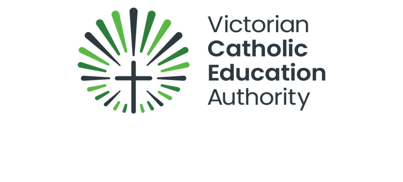 A graphic of a dark green cross with three separate shades of green rays surrounding it, with the words Victorian Catholic Education Authority written on the right