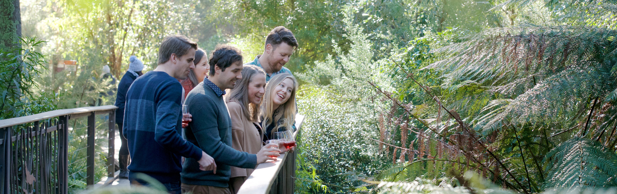 A Group Of People Posing On A Bridge With Wine Glasses, Looking At The Rain Forest Below.