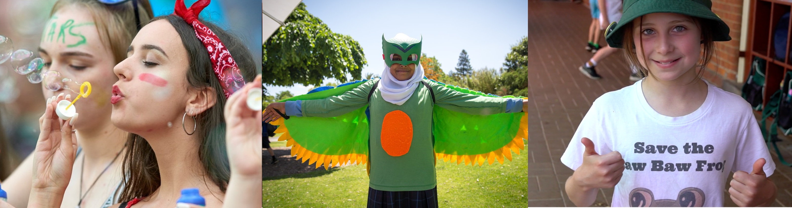  Collage of three images: left, two women blowing bubbles; centre, a student dressed as a green owl; right, a student wearing a t-shirt that says "Save the Baw Baw Frog" with her two thumbs up.