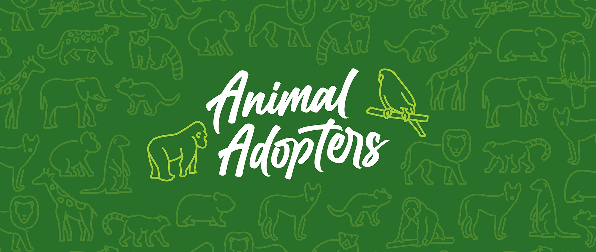 "Animal Adopters" - Adopt an animal, from one of forty-five on a green background, two of them highlighted in chartreuse green.